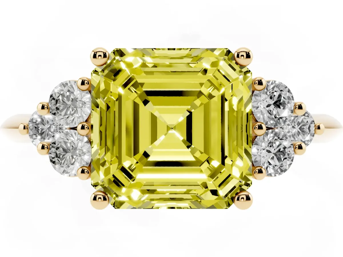 Fancy Yellow Asscher Cut Cut Diamond Cluster Ring with Solitaire Band and Four-Prong Setting Yellow gold