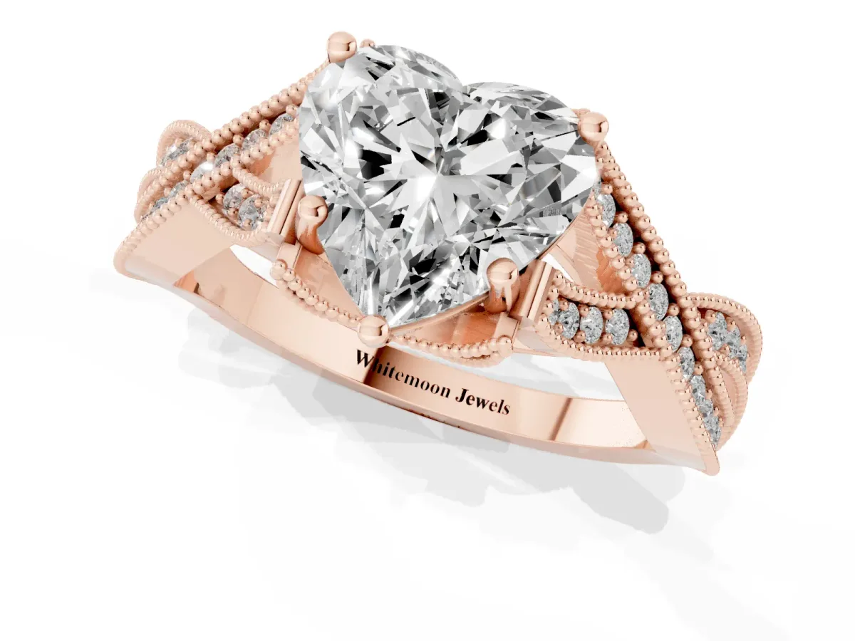 Heart Cut Cut Diamond Twisted Band with Milgrain Pave Setting and Four-Prong Setting Rose gold