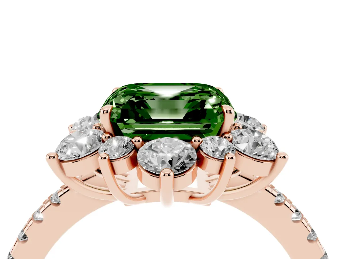 Fancy Green Asscher Cut Diamond Floral Halo Ring with Round Pavé Band and Prong Setting Rose gold