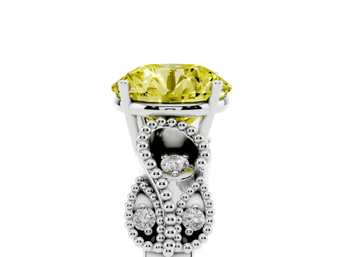 Fancy Yellow Round Cut Solitaire Milgrain Leaf Band with Prong Setting White gold