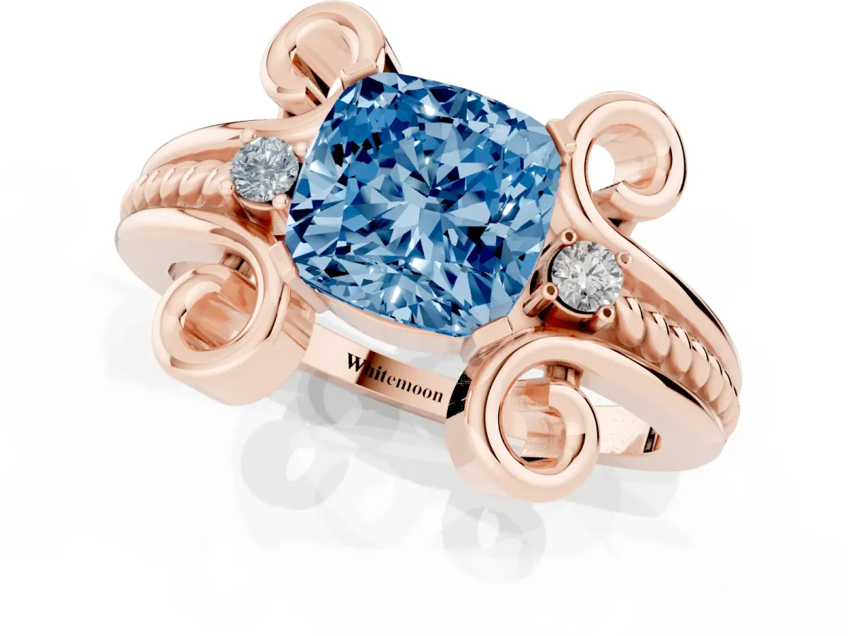 Fancy Blue Cushion Cut Solitaire Twisted Band Scroll Prong Ring Rose gold