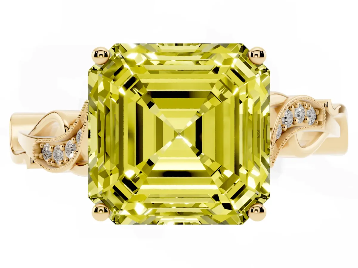 Fancy Yellow Asscher Cut Solitaire Vine Band with Milgrain Prong Setting Yellow gold