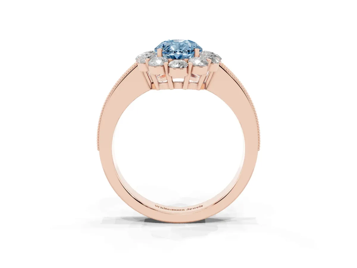 Fancy Blue Oval Cut Cut Halo Diamond Pavé Engagement Ring with Milgrain Detailing Rose gold