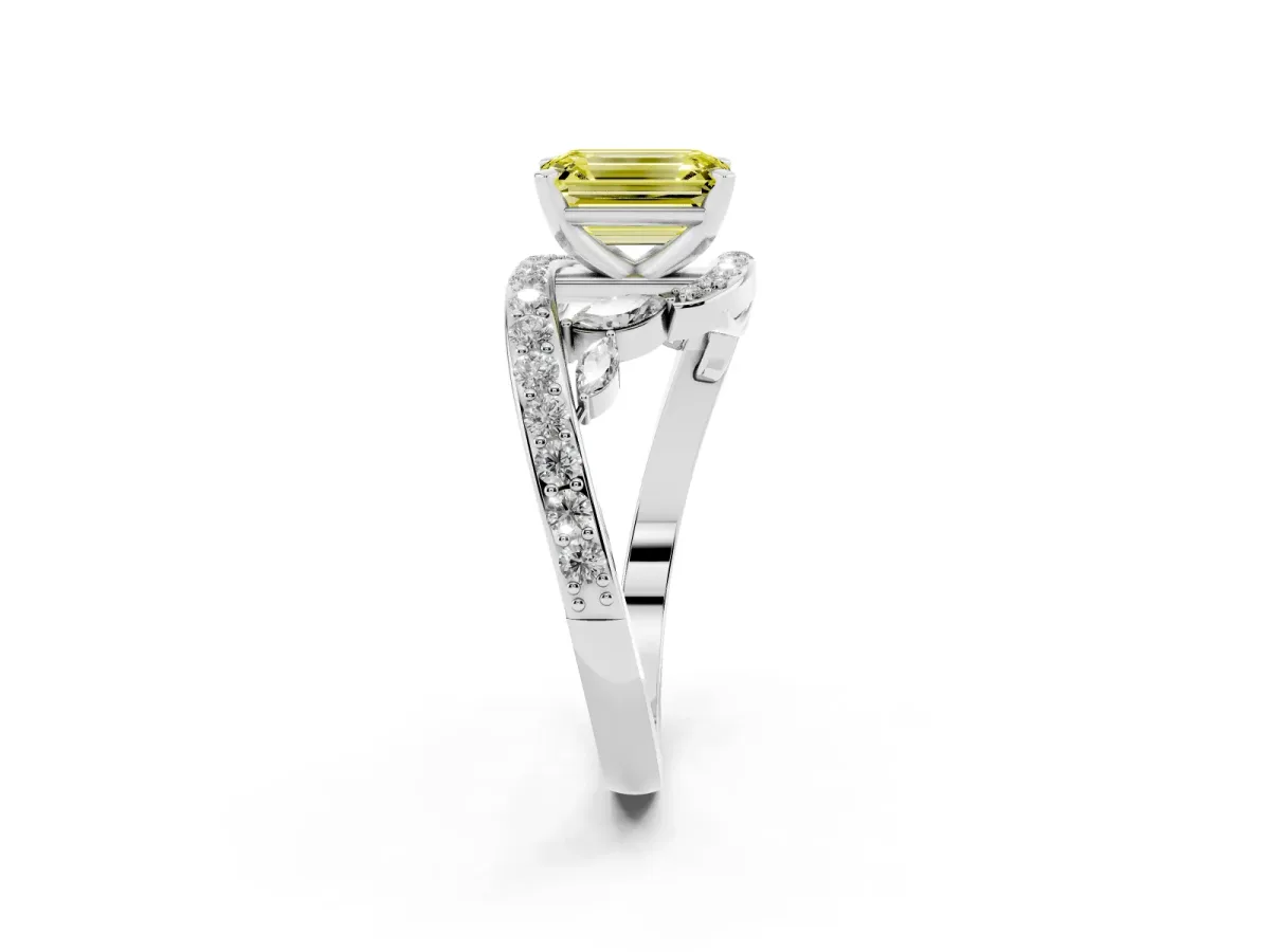 Fancy Yellow Emerald Cut Solitaire with Pavé Twist Band and Four-Prong Setting Silver