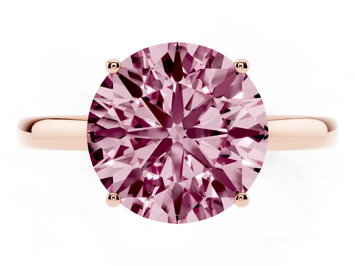 Fancy Pink Round Cut Solitaire Diamond Ring with Prong Setting and Plain Band Rose gold