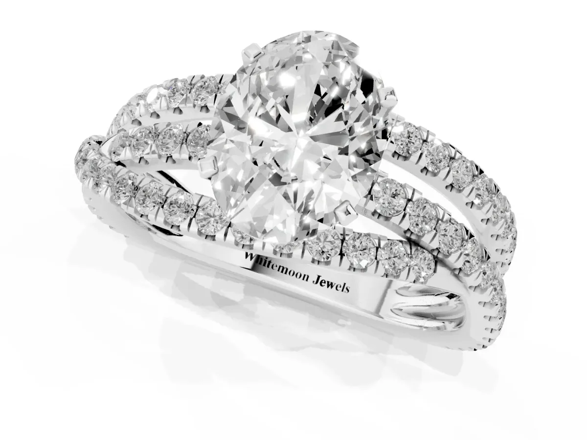 Oval Cut Solitaire Twist Band with Pavé Setting and Four-Prong Setting Platinum