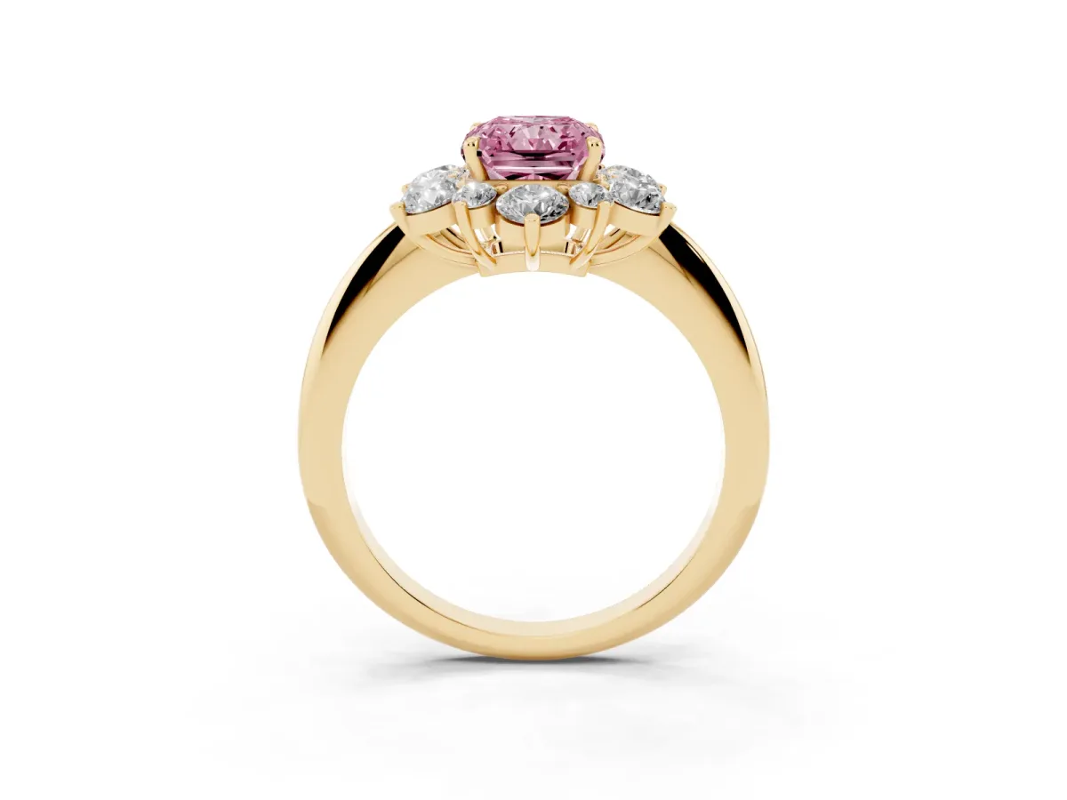 Fancy Pink Radiant Cut Diamond Cluster Halo Ring with Solitaire Band and Four-Prong Setting Yellow gold