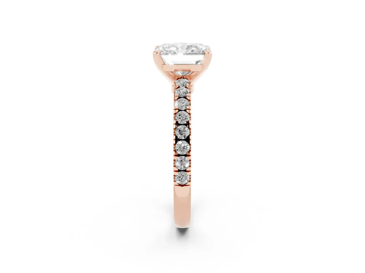 Radiant Cut Solitaire Diamond with Pavé Band and Four-Prong Setting Rose gold