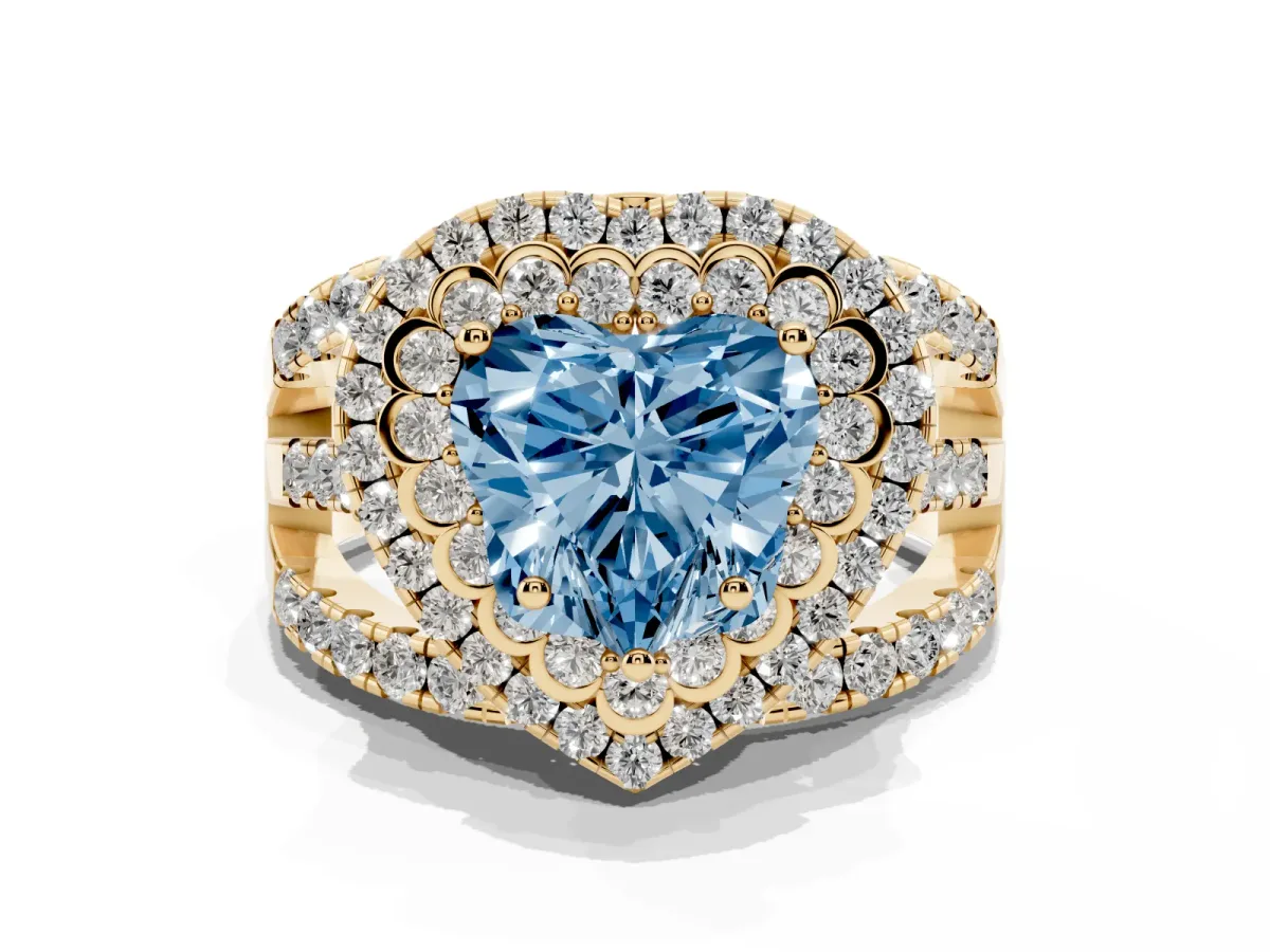Fancy Blue Heart Cut Diamond Double Halo Ring with Round Pavé Split Shank and Prong Setting Yellow gold