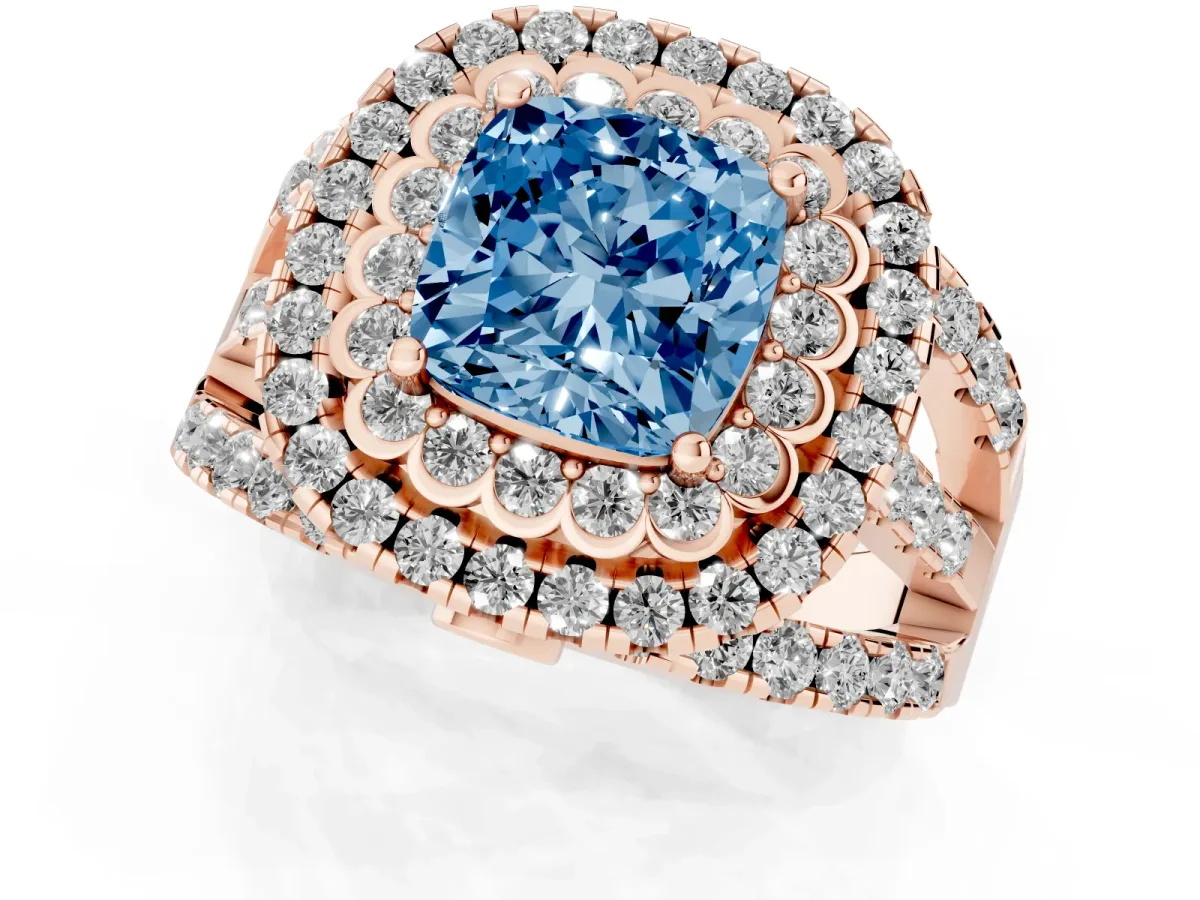 Fancy Blue Cushion Cut Diamond Double Halo Ring with Round Pavé Split Shank and Prong Setting Rose gold