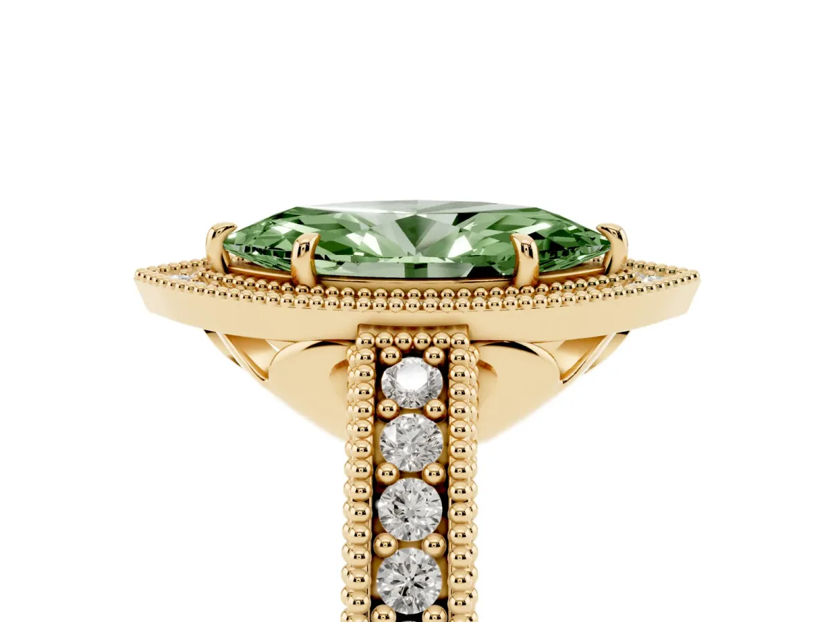 Fancy Green Marquise Cut Cut Halo Diamond Ring with Pavé Band and Four-Prong Setting Yellow gold