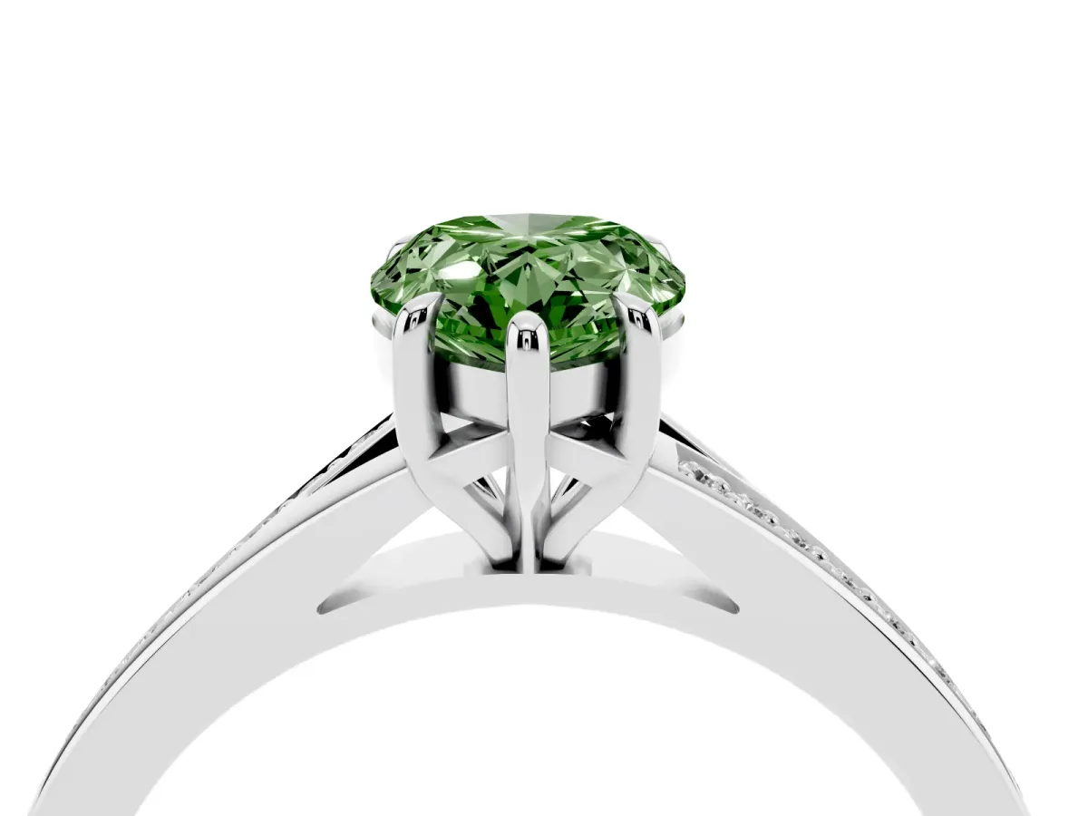 Fancy Green Pear Cut Diamond Solitaire Ring with Pavé Band and Prong Setting Silver
