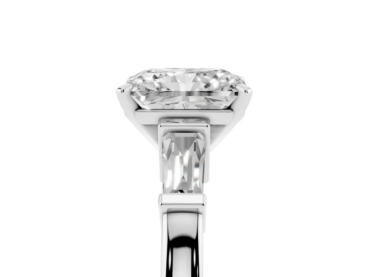 Radiant Cut Cut Diamond Solitaire Ring with Tapered Baguette Accents and Four-Prong Setting Silver