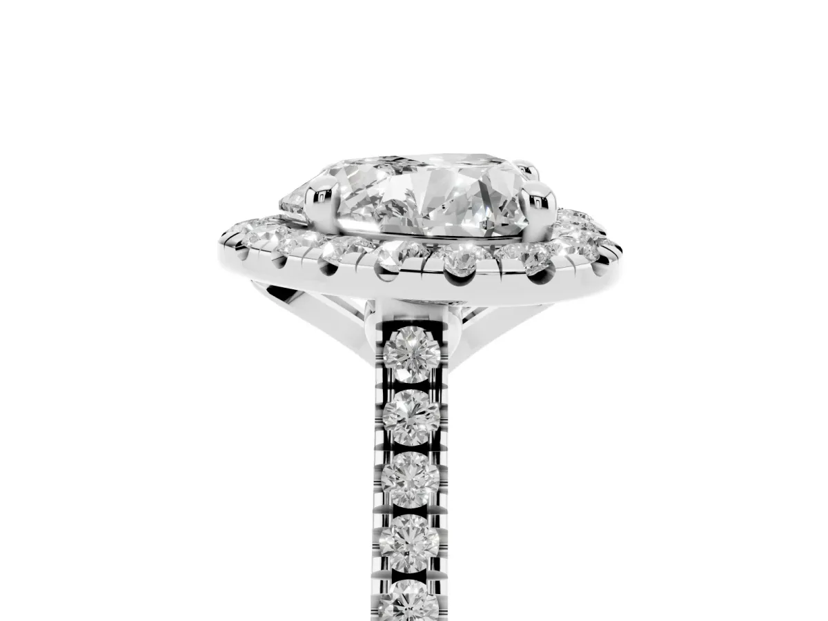 Heart Cut Diamond Cushion Halo Ring with Pavé Band Silver