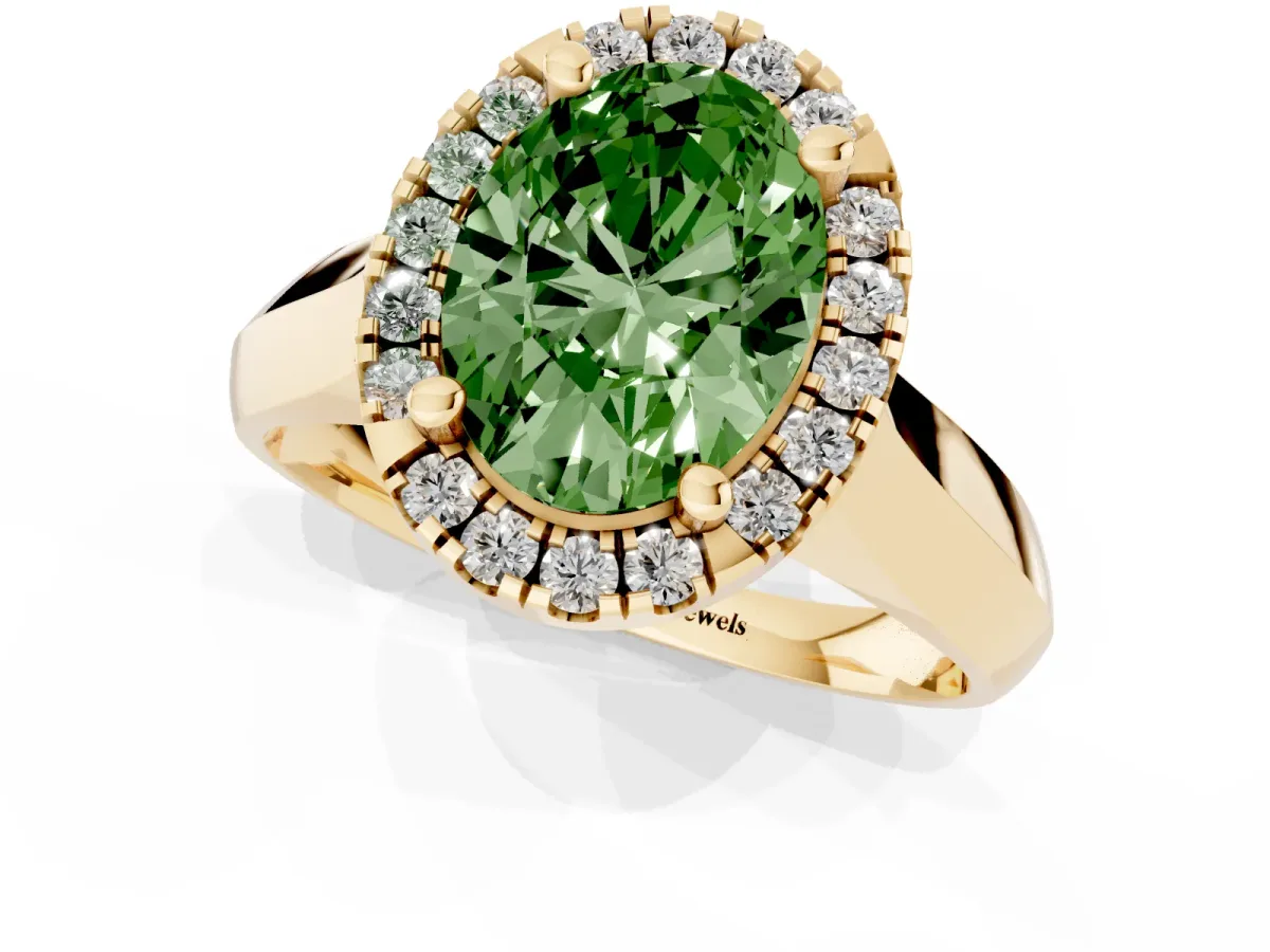 Fancy Green Oval Cut Cut Halo Solitaire Engagement Ring with Square Band and Four-Prong Setting Yellow gold