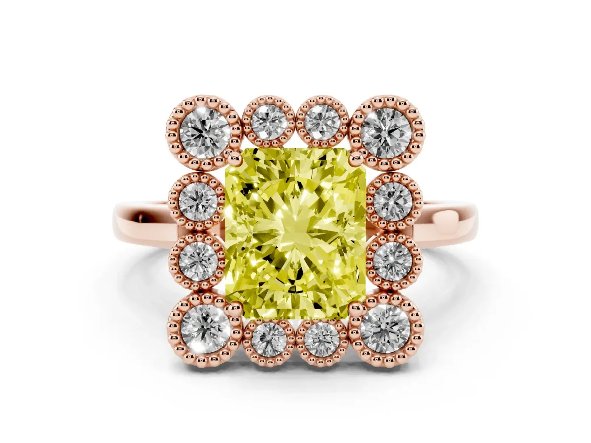 Fancy Yellow Radiant Cut Halo Diamond Cluster Engagement Ring with Milgrain Bezel Setting and Solitaire Band Rose gold