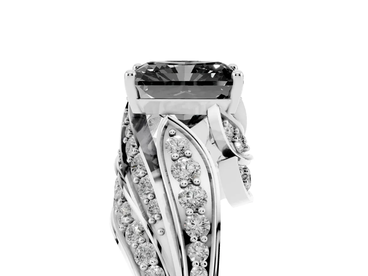 Fancy Black Radiant Cut Diamond Solitaire Ring with Prong Setting and Twisted Pavé Band Silver