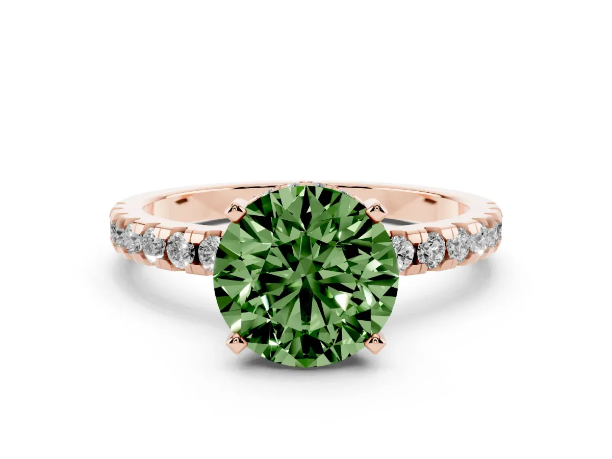 Fancy Green Round Cut Diamond Solitaire Ring with Round Pavé Band and Four-Prong Setting Rose gold