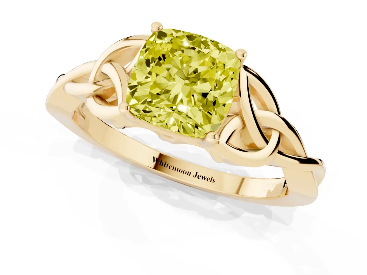 Fancy Yellow Cushion Cut Diamond Solitaire Engagement Ring with Celtic Knot Band and Four-Prong Setting Yellow gold
