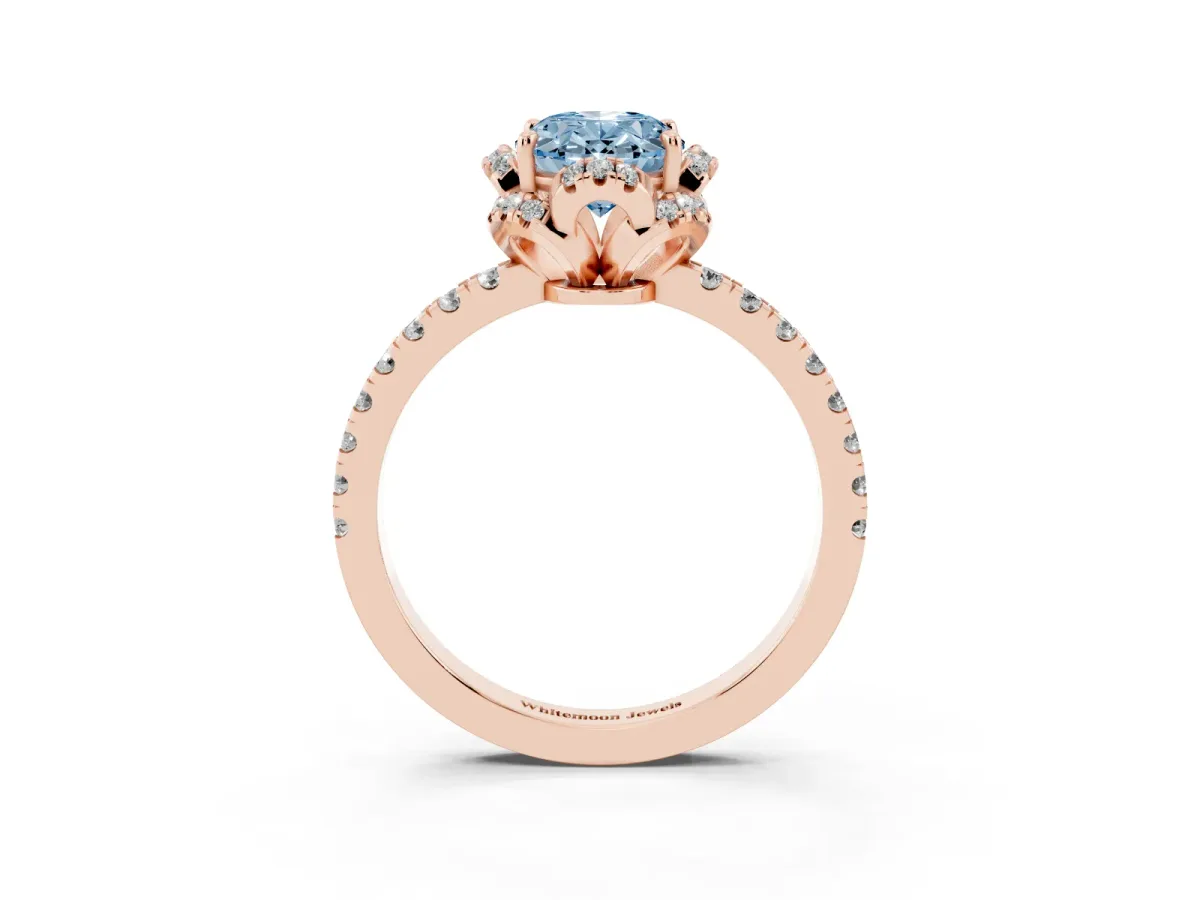 Fancy Blue Oval Cut Diamond Halo Pave Band with Four-Prong Setting Rose gold