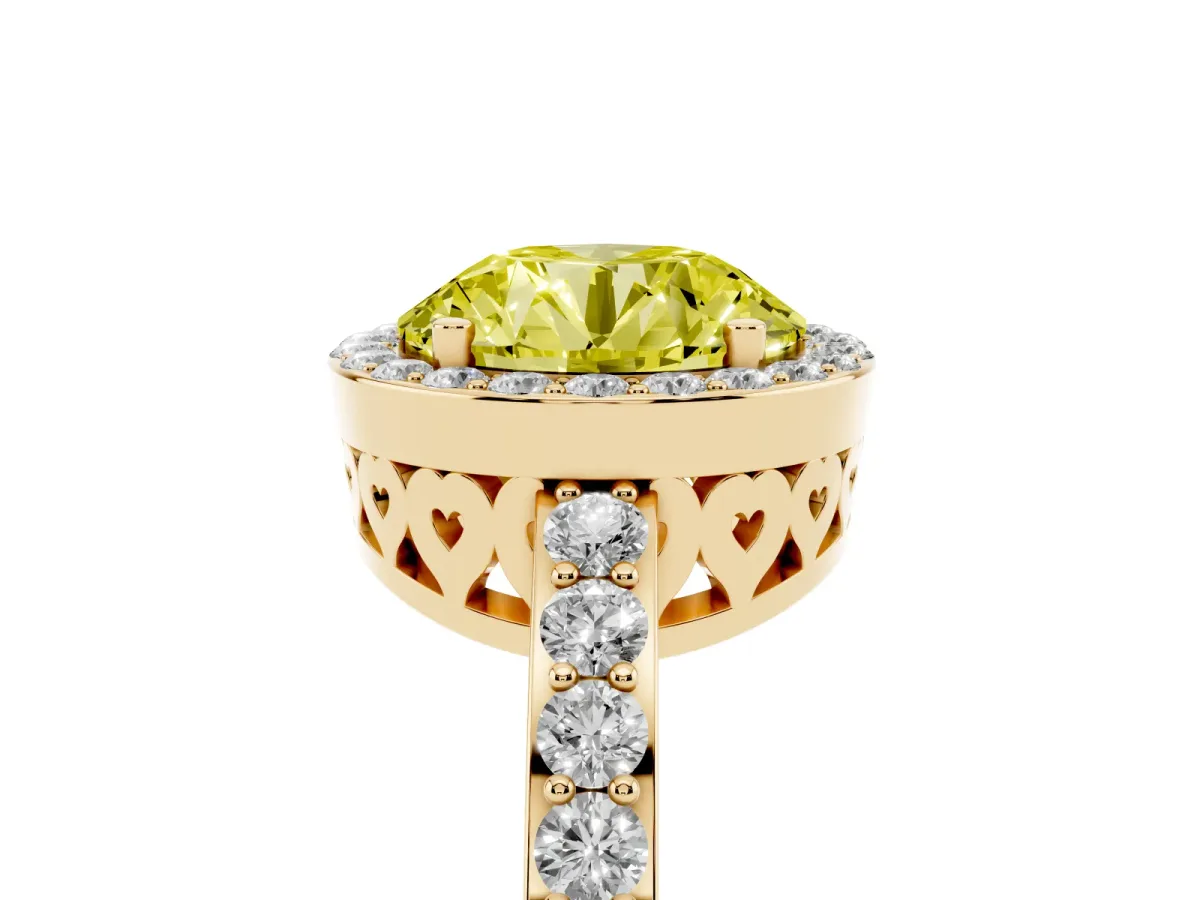 Fancy Yellow Round Cut Halo Diamond Pavé Band Ring with Prong Setting Yellow gold