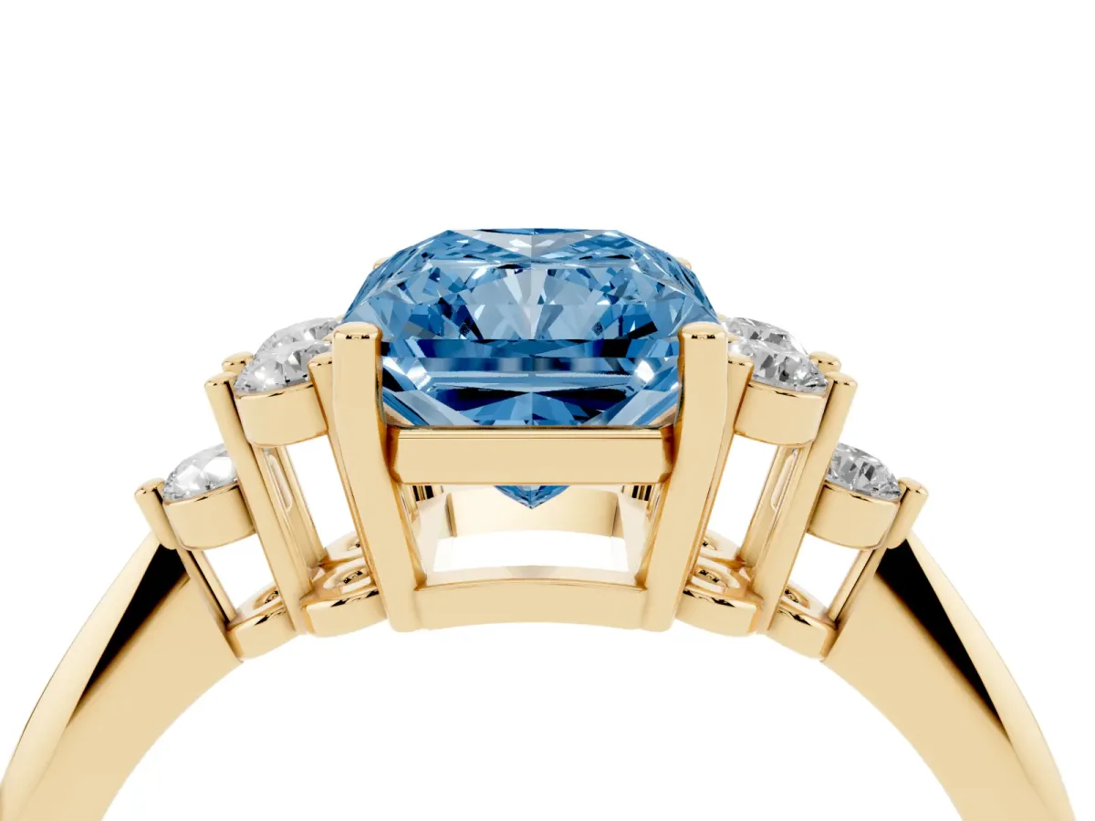 Fancy Blue Radiant Cut Cut Diamond Cluster Ring with Solitaire Band and Four-Prong Setting Yellow gold