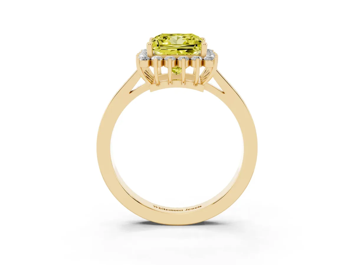 Fancy Yellow Princess Cut Cut Diamond Halo Ring with Round Brilliant Halo and Solitaire Band Yellow gold