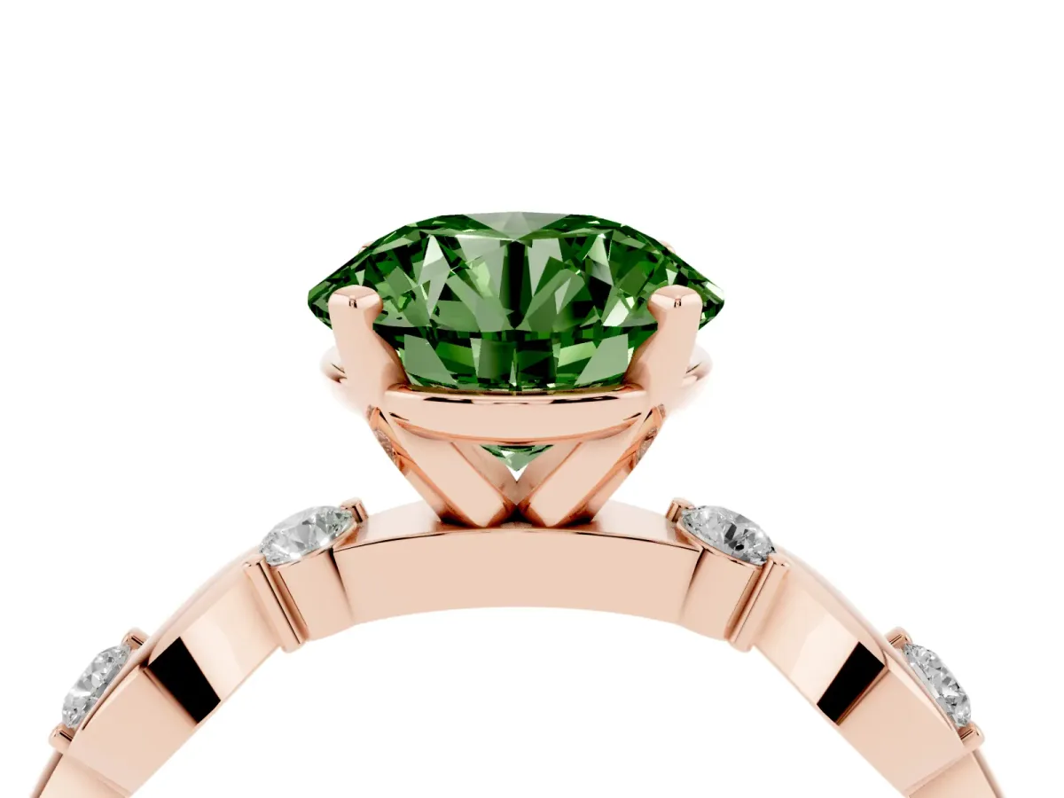 Fancy Green Round Cut Diamond Solitaire Twisted Band with Round Accents and Prong Setting Rose gold