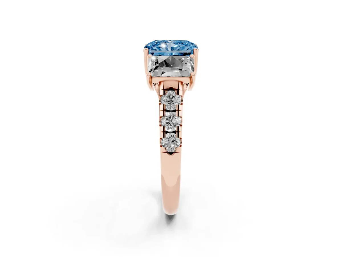 Fancy Blue Three-Stone Radiant Cut Diamond Pavé Band with Prong Setting Rose gold