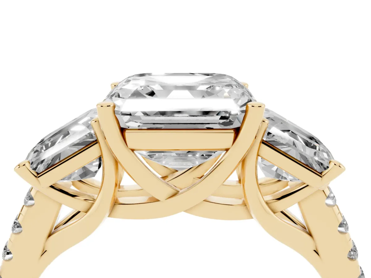 Three-Stone Asscher Cut Diamond Ring with Round Pavé Band and Prong Setting Yellow gold