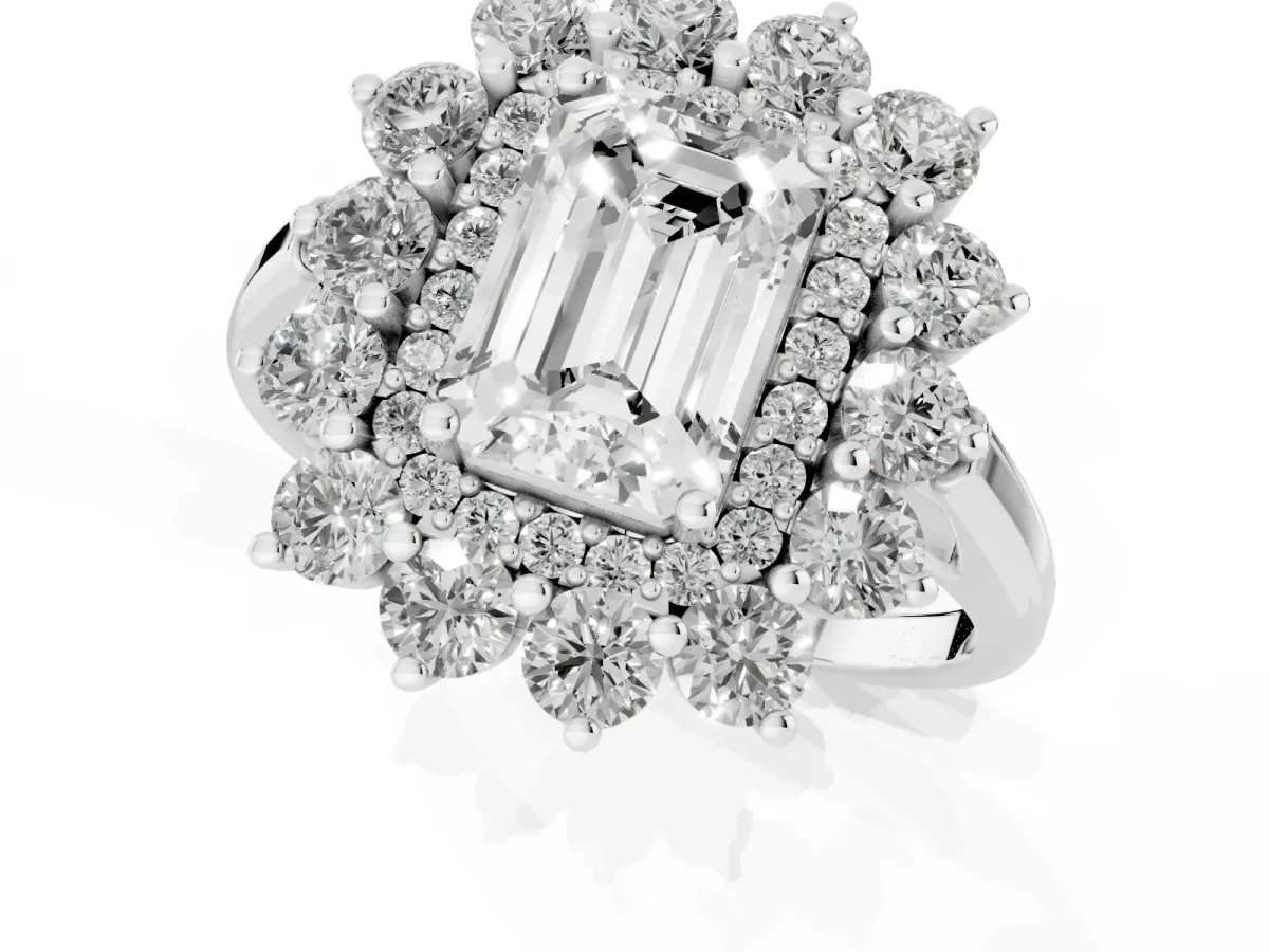 Emerald Cut Diamond Floral Double Halo Engagement Ring with Prong Setting Silver