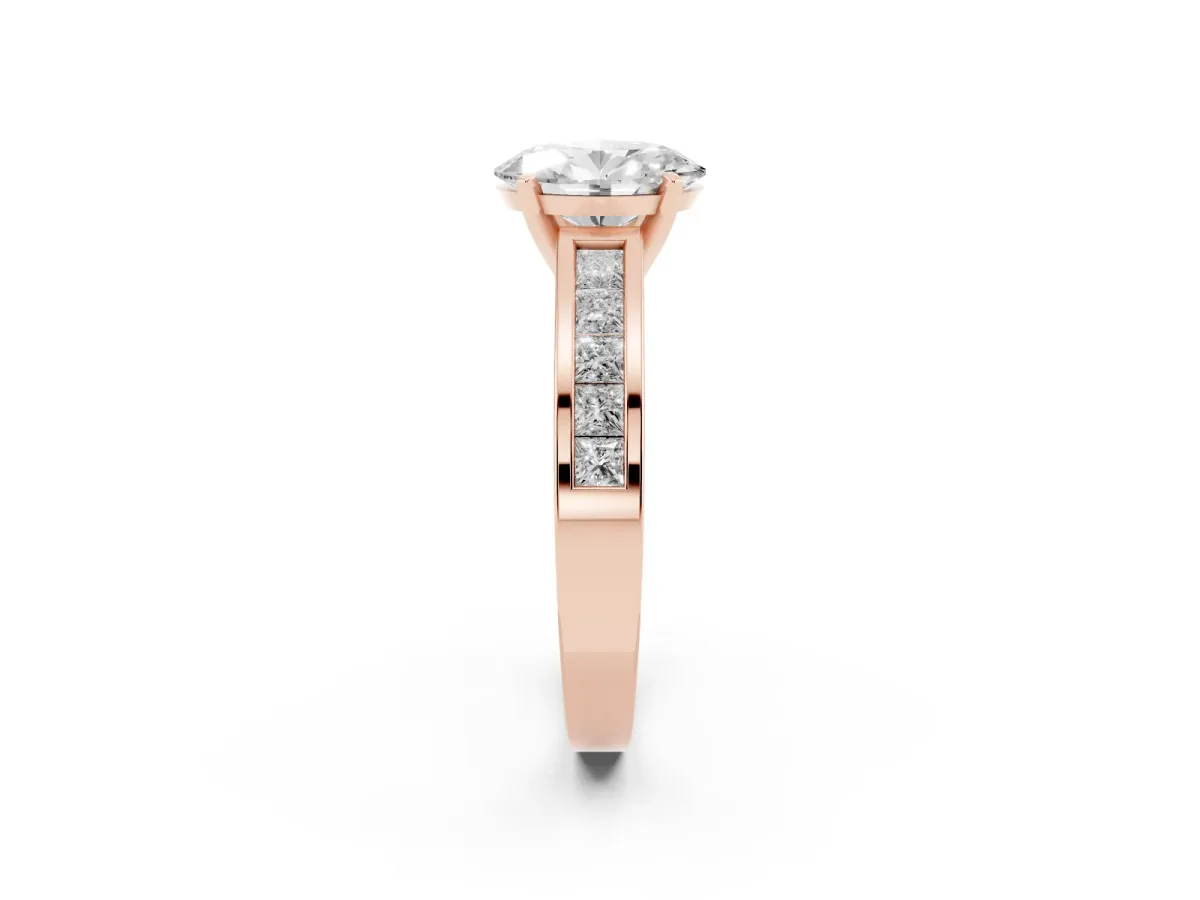 Oval Cut Solitaire Diamond Ring with Channel-Set Band and Four-Prong Setting Rose gold