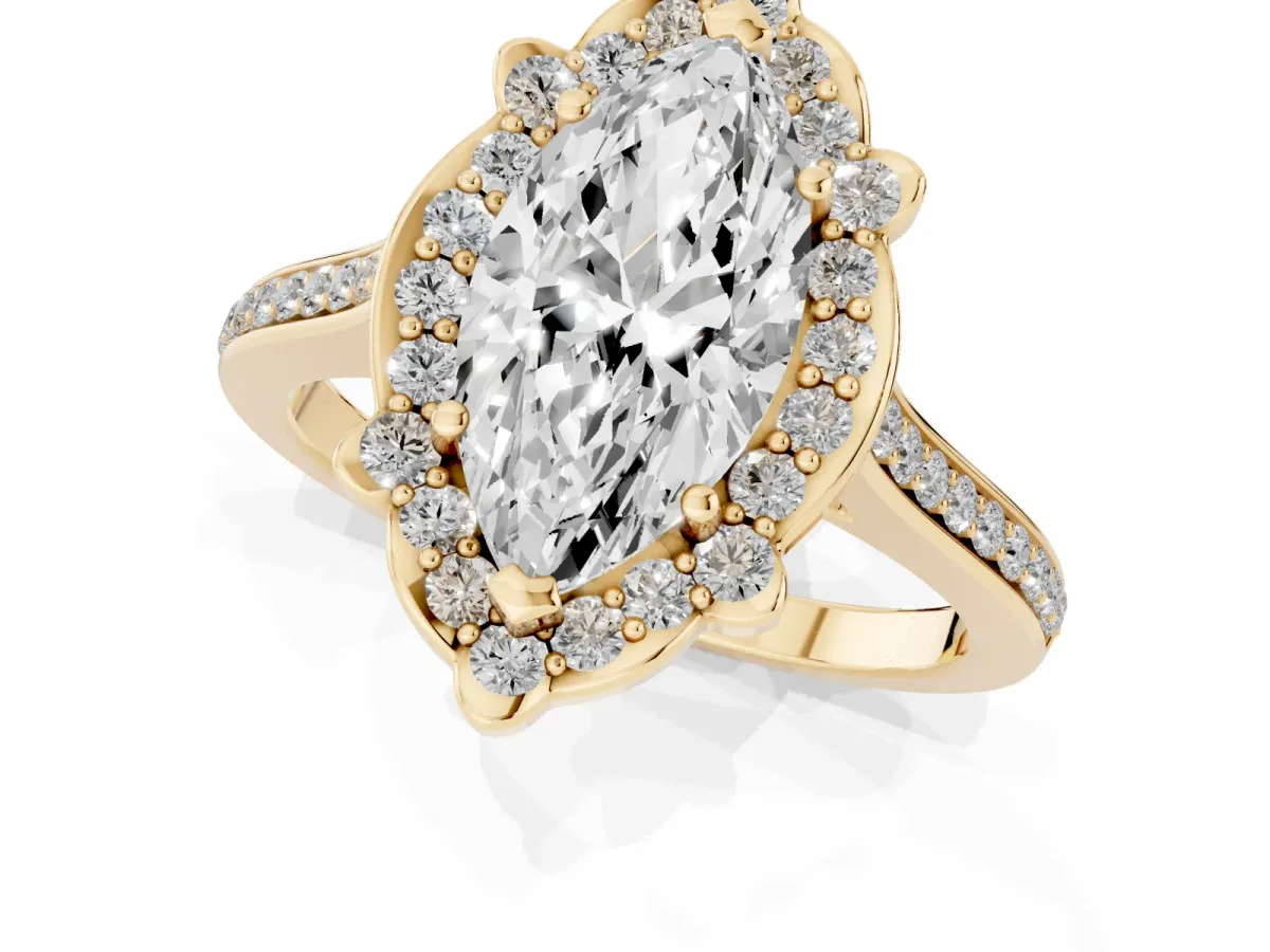 Marquise Cut Halo Round Diamond Pave Band with Four-Prong Setting Yellow gold