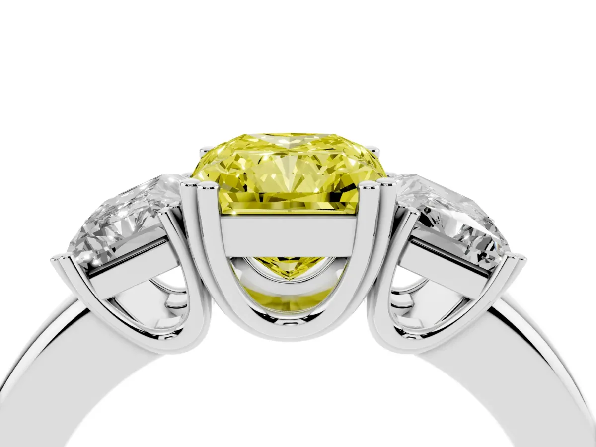 Fancy Yellow Three-Stone Radiant Cut Cut Diamond Ring with Channel Set Band and Four-Prong Setting Platinum