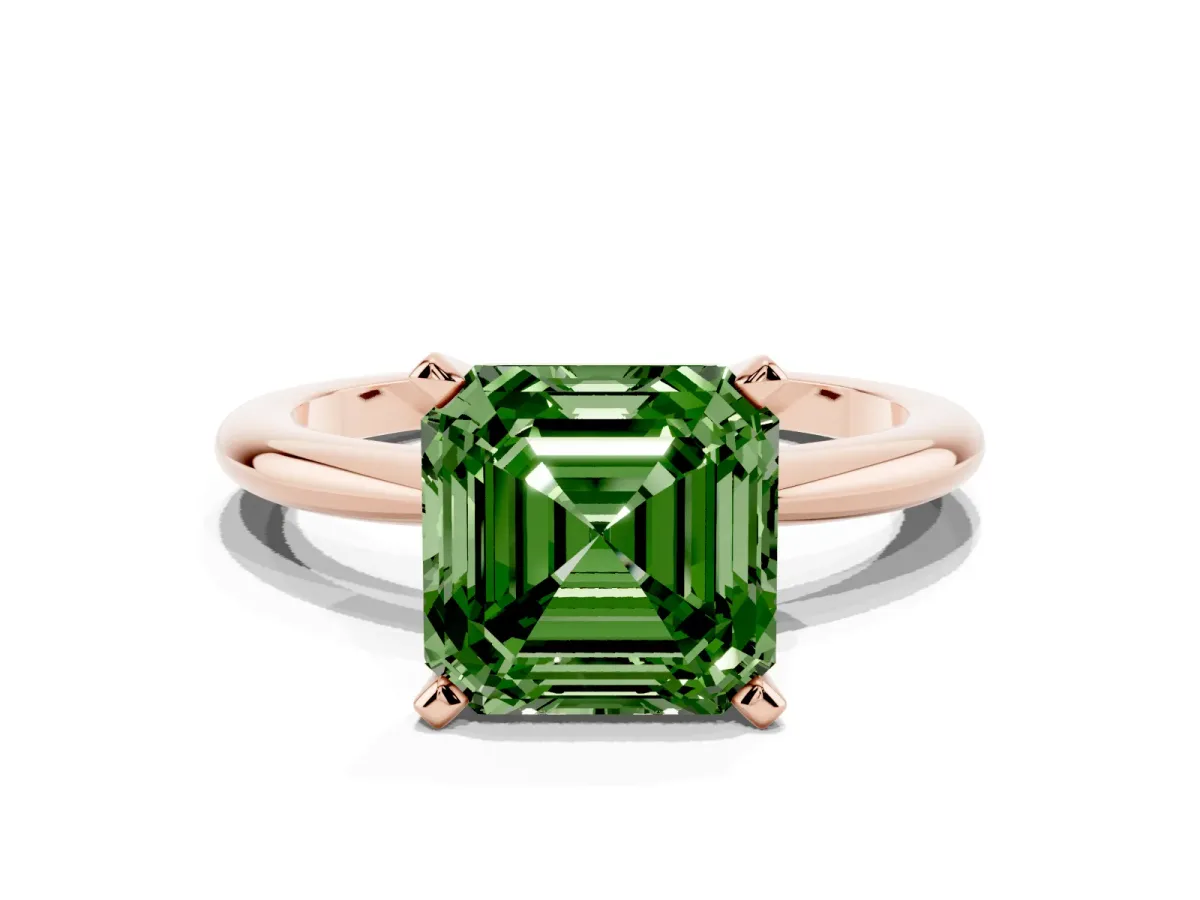 Fancy Green Asscher Cut Diamond Solitaire Ring with Prong Setting and Classic Band Rose gold