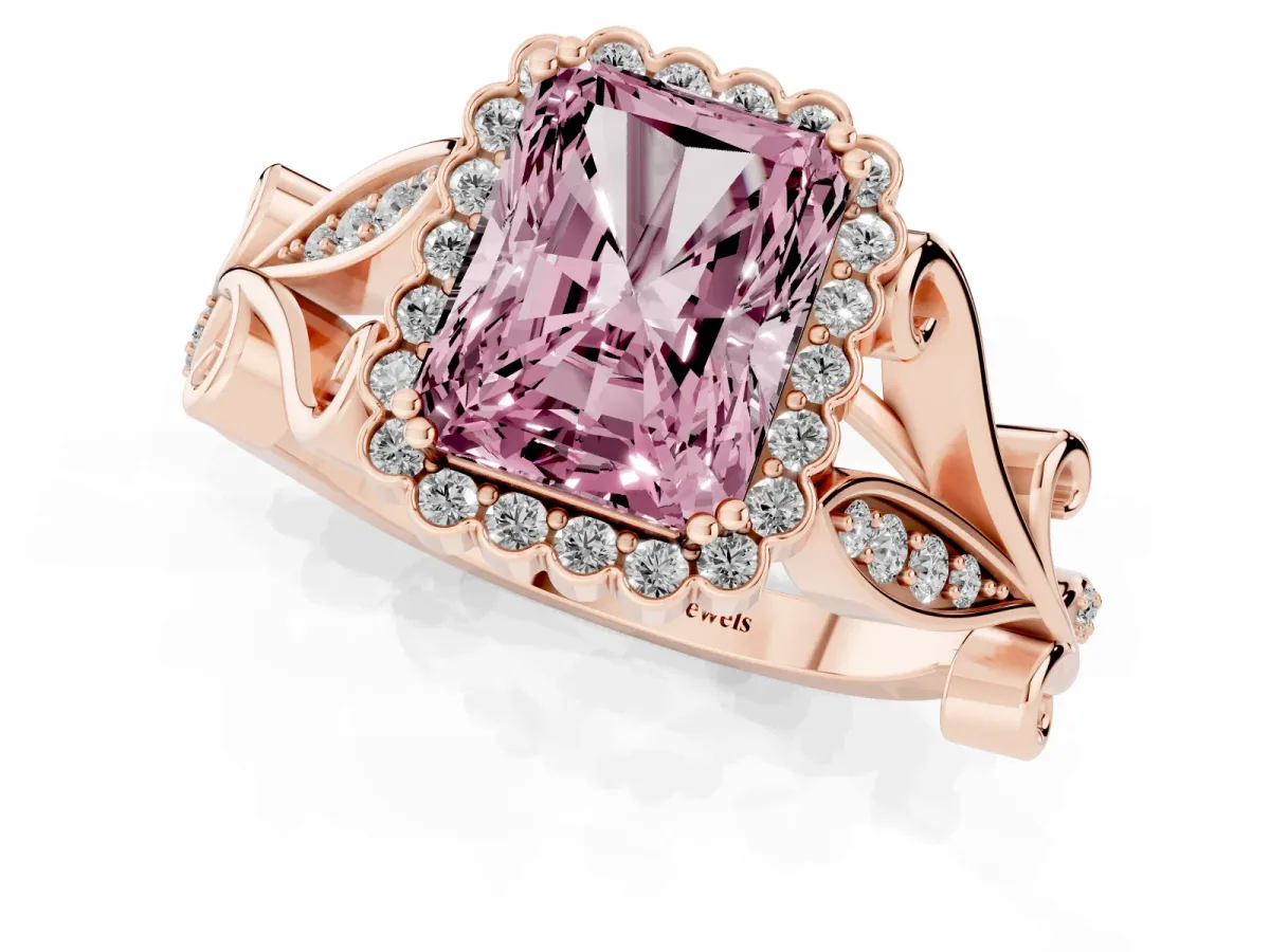 Fancy Pink Radiant Cut Diamond Halo Ring with Vintage Split Shank and Four-Prong Setting Rose gold