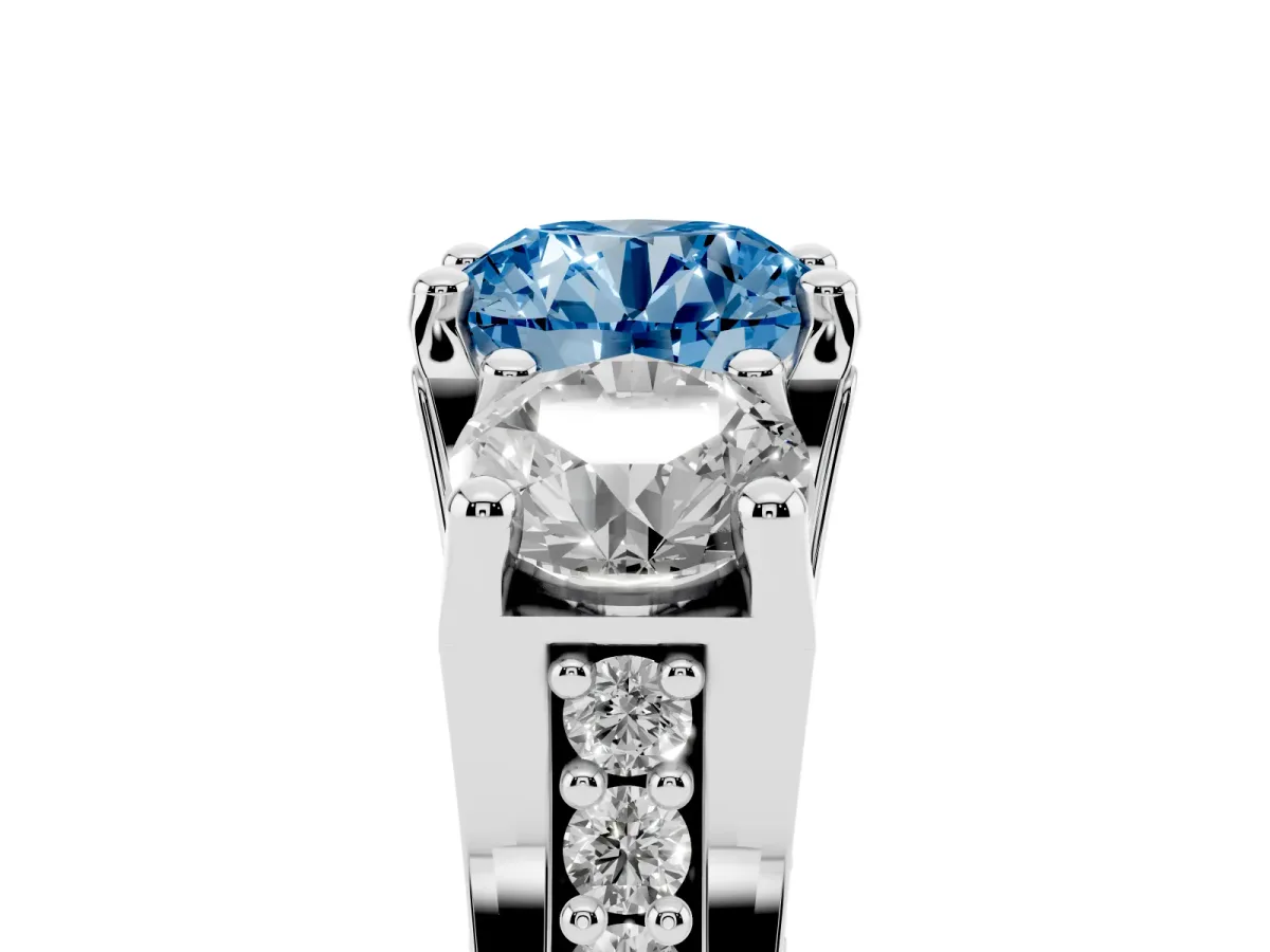 Fancy Blue Round Cut Diamond Three-Stone Ring with Channel Set Band and Four-Prong Setting Silver
