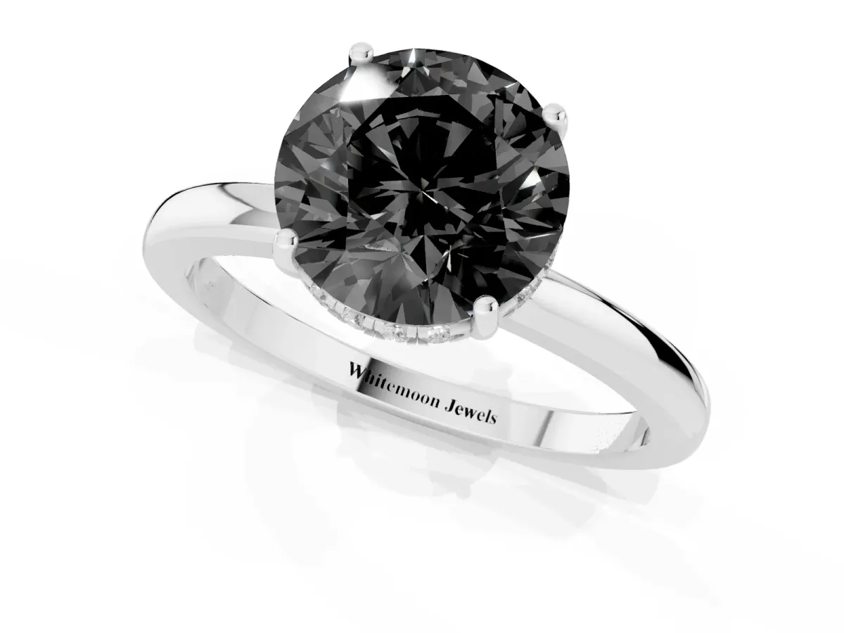 Fancy Black Round Cut Solitaire Diamond Ring with Prong Setting and Plain Band Silver