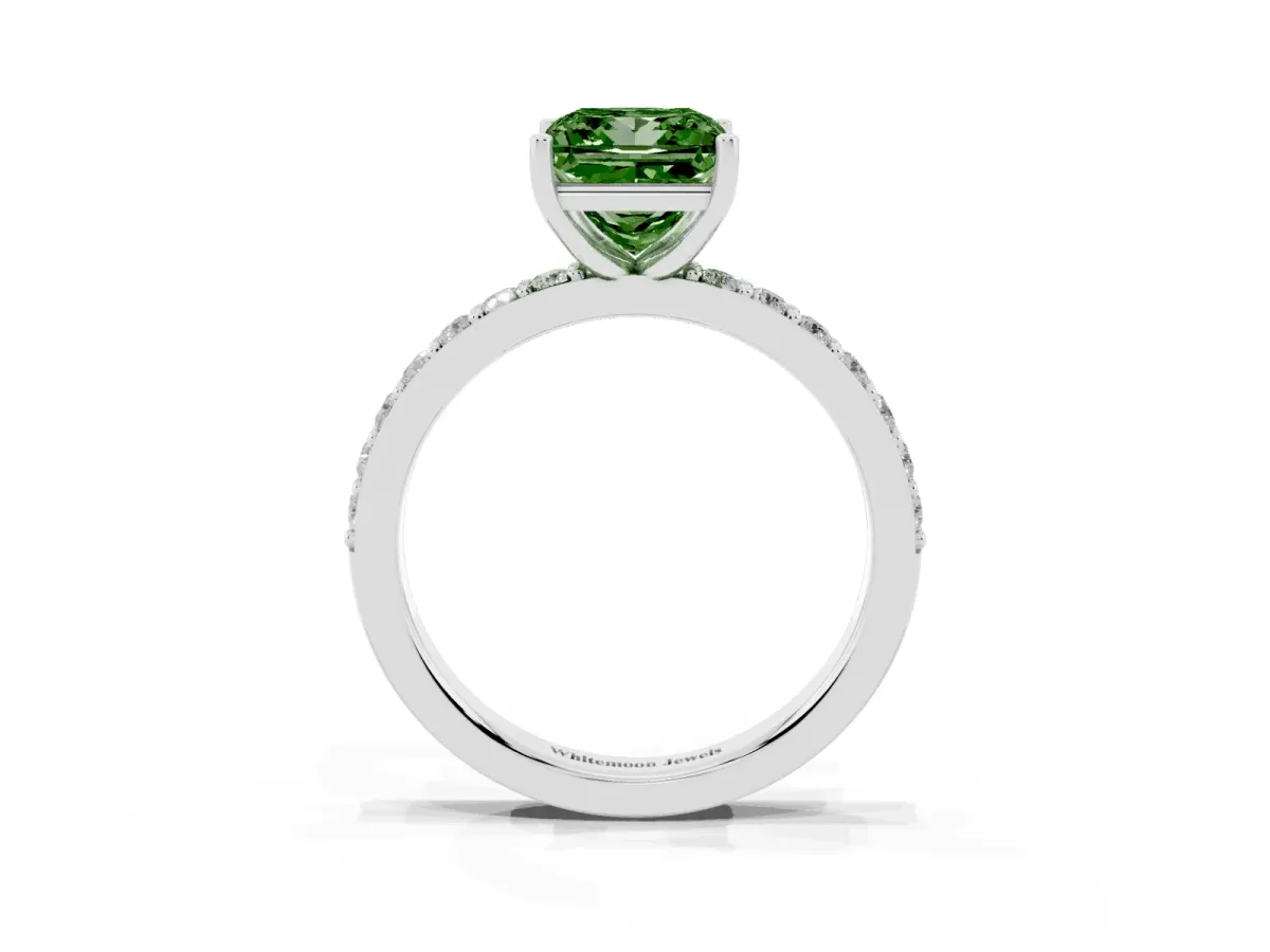 Fancy Green Princess Cut Cut Diamond Solitaire with Pave Band and Four-Prong Setting Silver