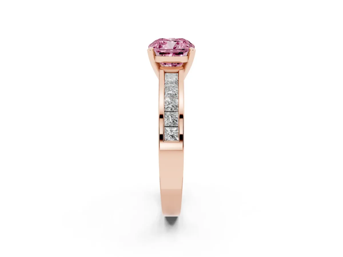 Fancy Pink Cushion Cut Solitaire Diamond Ring with Channel-Set Band and Four-Prong Setting Rose gold
