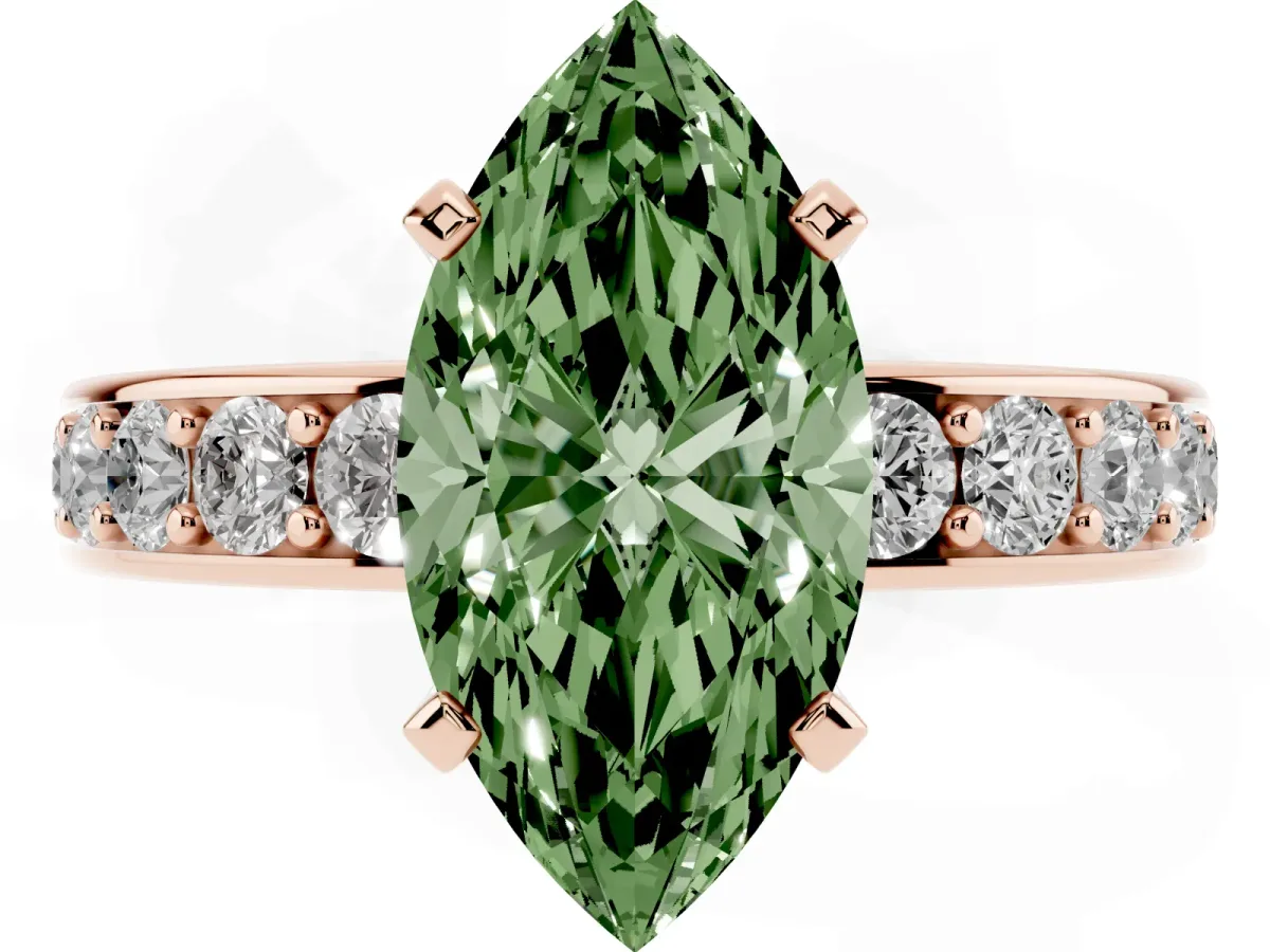 Fancy Green Marquise Cut Diamond Engagement Ring with Channel Set Round Band and Prong Setting Rose gold