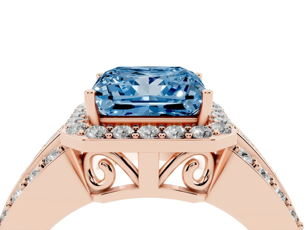Fancy Blue Princess Cut Halo Diamond Ring with Round Split Shank and Prong Setting Rose gold