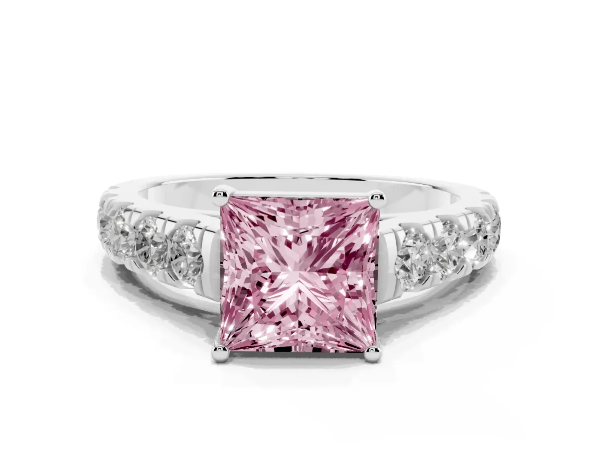 Fancy Pink Princess Cut Cut Diamond Solitaire Ring with Micro Pave Band and Prong Setting Silver