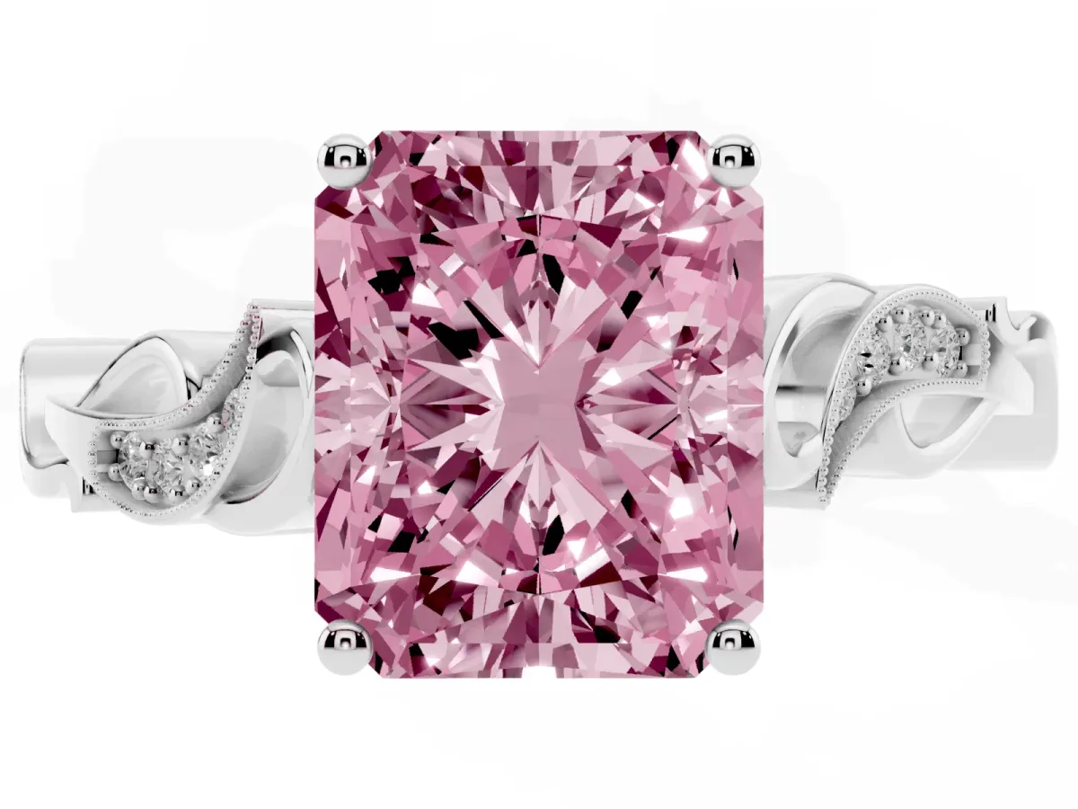 Fancy Pink Radiant Cut Solitaire Vine Band with Milgrain Prong Setting Silver