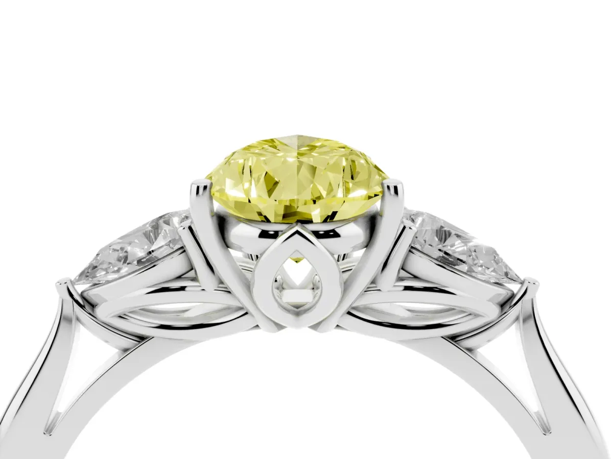 Fancy Yellow Three-Stone Pear Cut Brilliant Diamond Solitaire Ring with Tapered Band and Four-Prong Setting Platinum