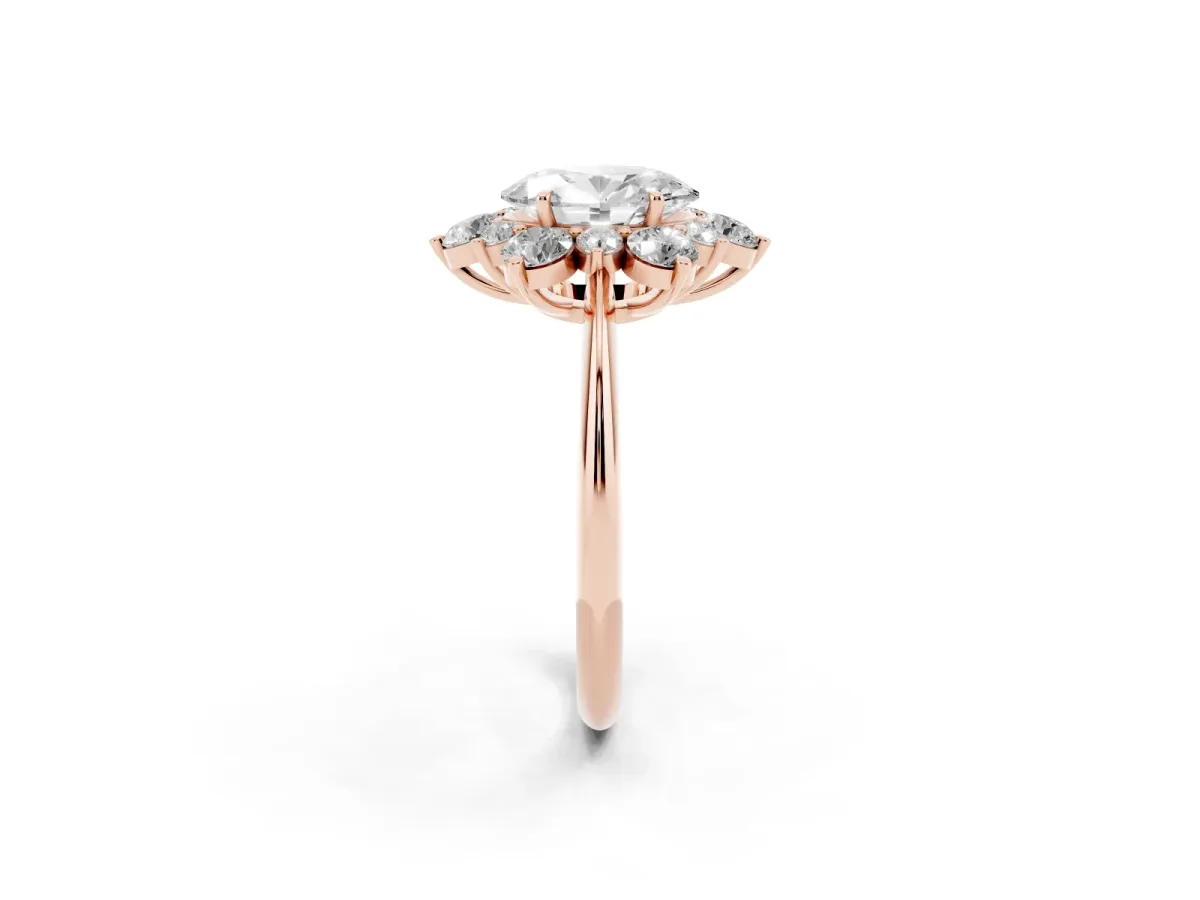 Oval Cut Diamond Cluster Halo Ring with Solitaire Band and Four-Prong Setting Rose gold