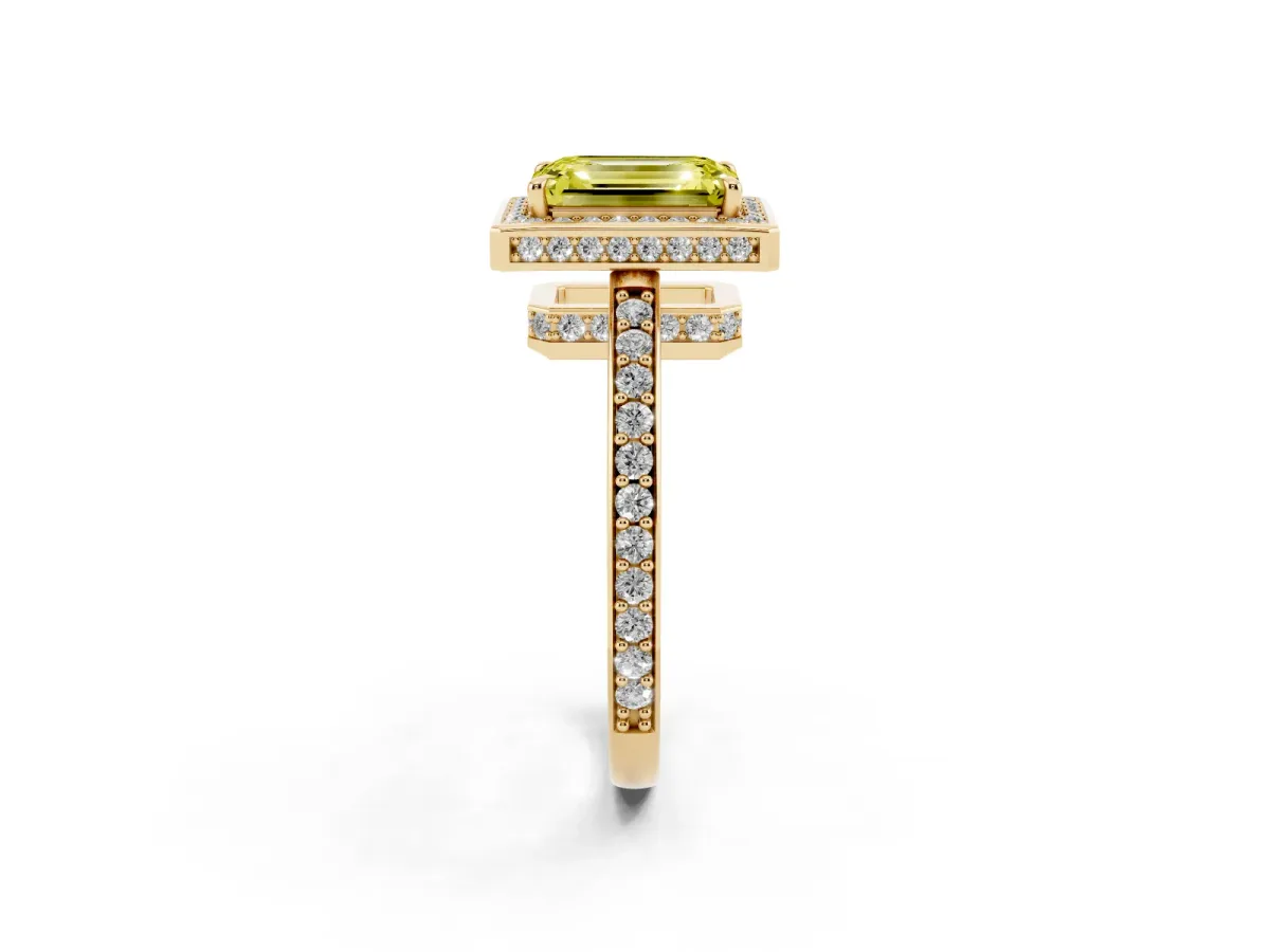 Fancy Yellow Emerald Cut Halo Pave Band Solitaire Ring with Prong Setting Yellow gold