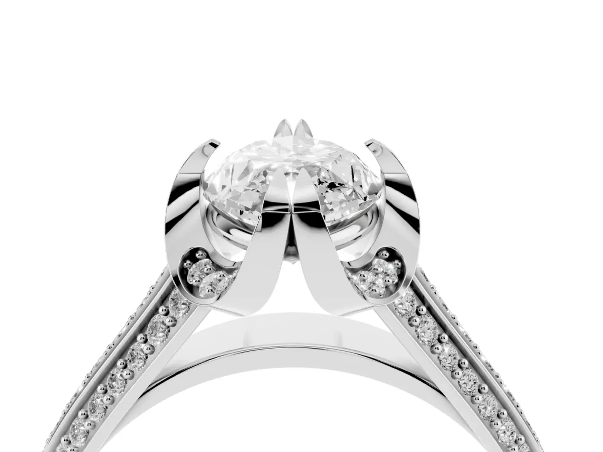Marquise Cut Solitaire Pave Split Shank Ring with Four-Prong Setting White gold