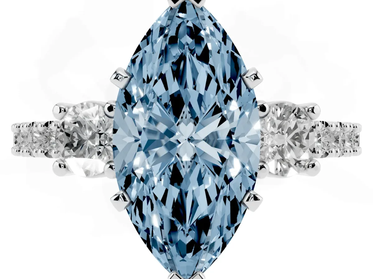Fancy Blue Marquise Cut Three-Stone Diamond Pavé Band with Prong Setting Silver