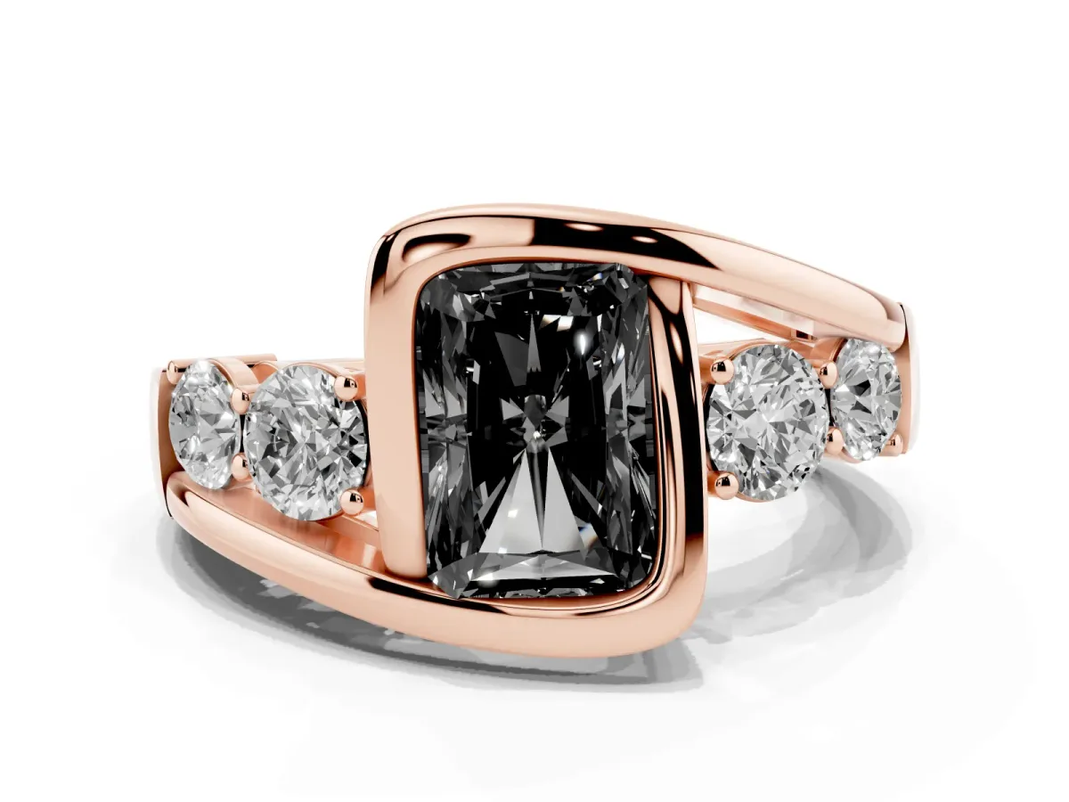 Fancy Black Bezel Set Radiant Cut Diamond Bypass Ring with Round Accents Rose gold